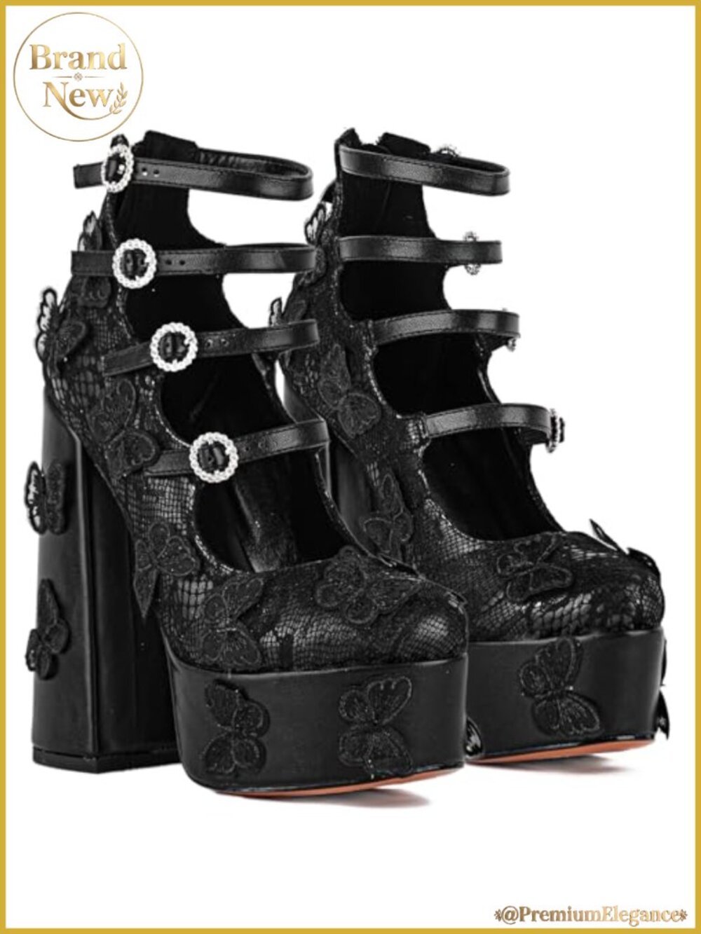 Platform Chunky Heels Lace Butterfly Square Toe Mary Jane Pumps